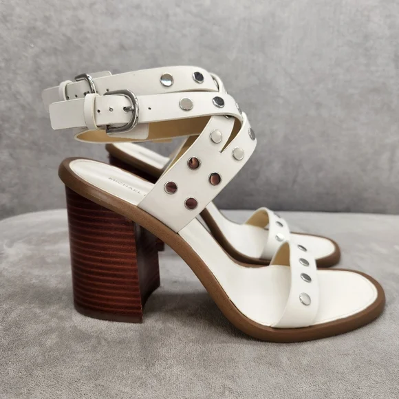 Michael Kors Heeled Sandals 7.5 White Woven Leather Irene Studded Silver New$195